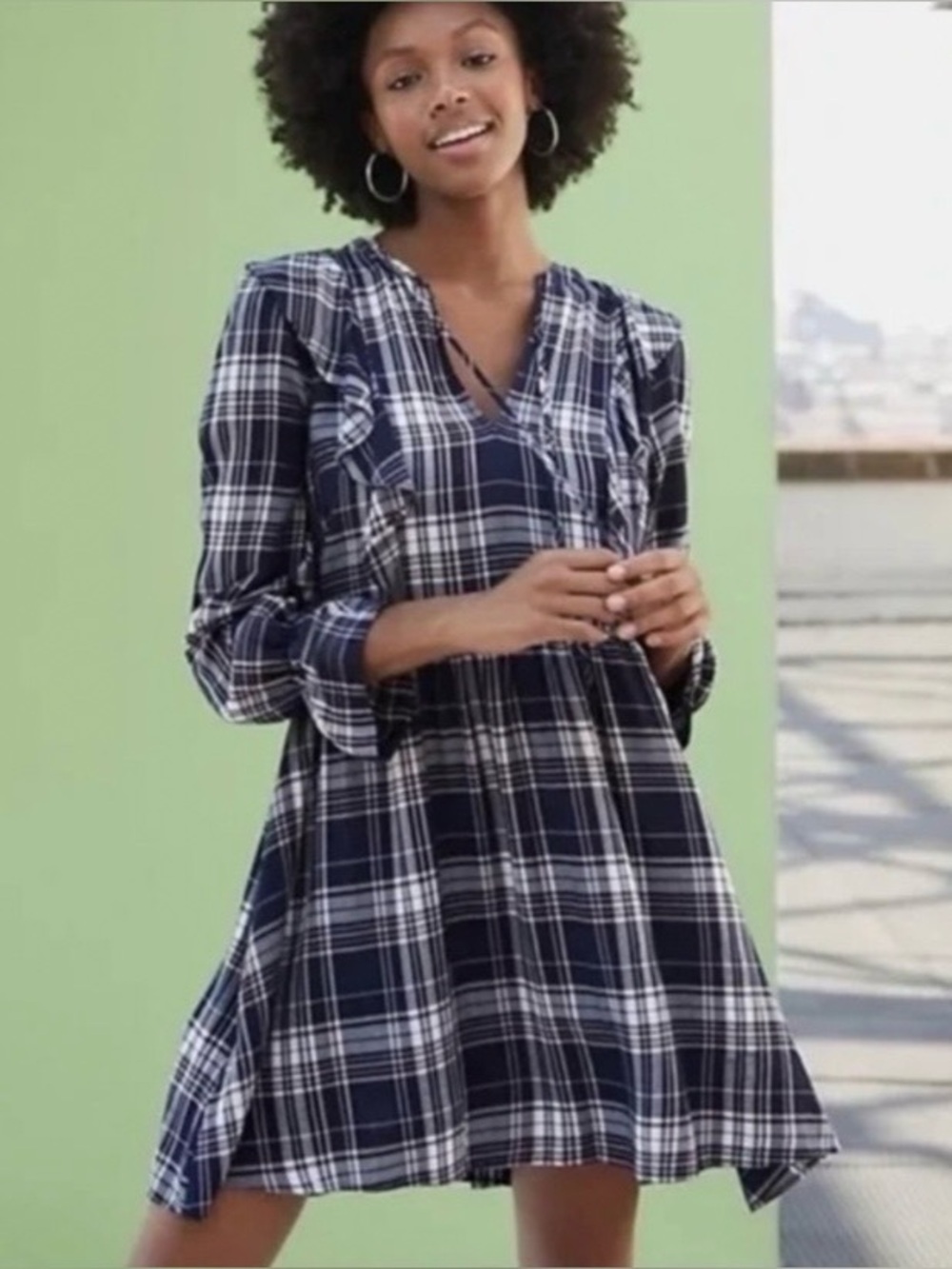 LOFT Blue Plaid Tie Front Ruffle Dress Small